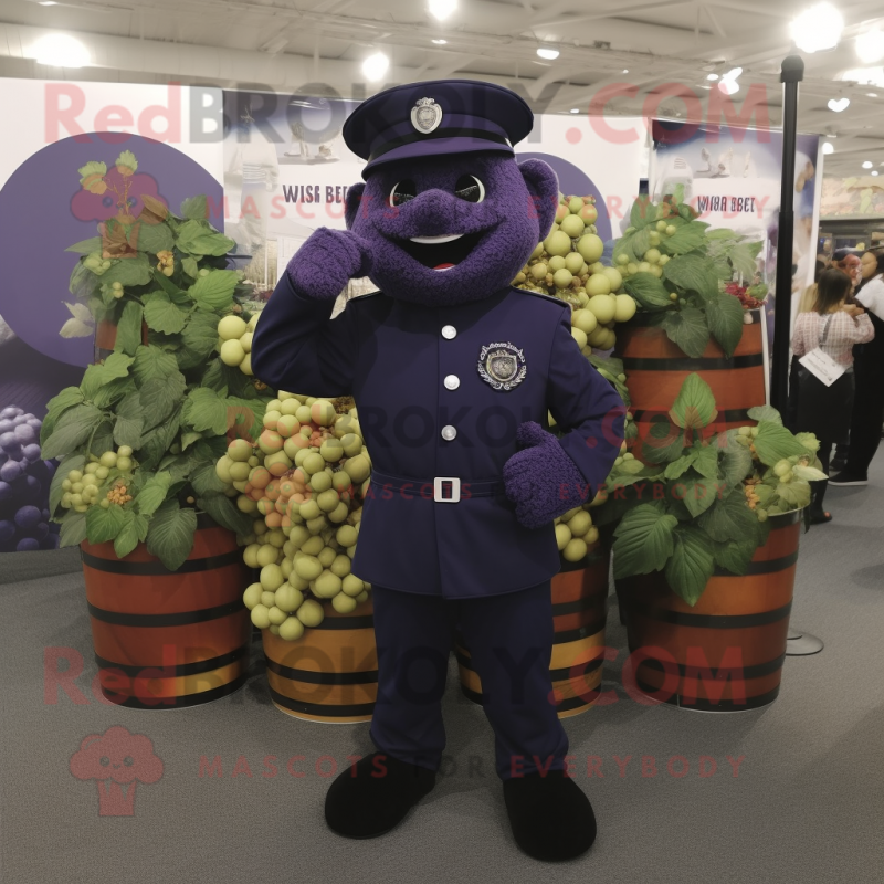Navy Grape mascot costume character dressed with a Trousers and Coin purses