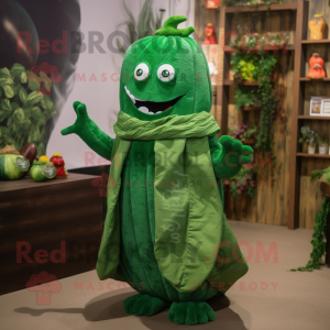 Forest Green Cucumber mascot costume character dressed with a Wrap Skirt and Hairpins