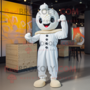 White Pop Corn mascot costume character dressed with a Jumpsuit and Rings