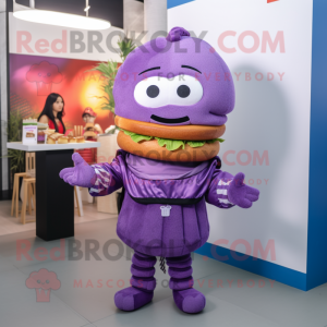 Purple Burgers mascot costume character dressed with a Vest and Scarves