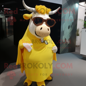 Lemon Yellow Hereford Cow mascot costume character dressed with a Wrap Dress and Eyeglasses