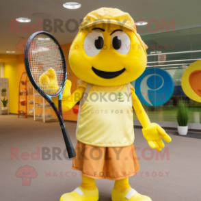 Yellow Tennis Racket mascot costume character dressed with a Culottes and Backpacks