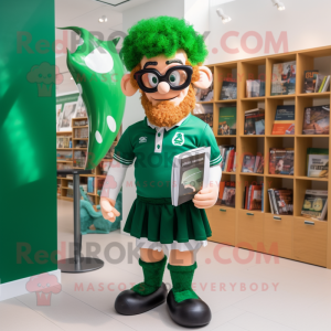 Forest Green Irish Flag mascot costume character dressed with a Rugby Shirt and Reading glasses
