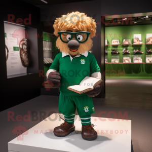 Forest Green Irish Flag mascot costume character dressed with a Rugby Shirt and Reading glasses