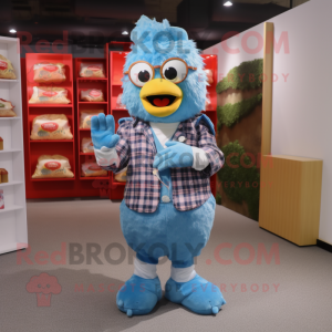 Sky Blue Fried Chicken mascot costume character dressed with a Flannel Shirt and Coin purses