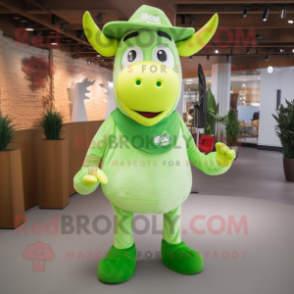 Lime Green Zebu mascot costume character dressed with a Jeggings and Caps