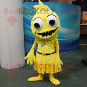 Lemon Yellow Barracuda mascot costume character dressed with a Dress and Shoe clips