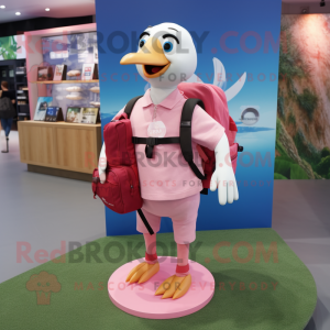 Pink Gull mascot costume character dressed with a T-Shirt and Backpacks