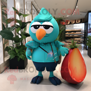 Teal Mango mascot costume character dressed with a Rash Guard and Handbags