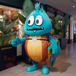 Teal Mango mascot costume character dressed with a Rash Guard and Handbags