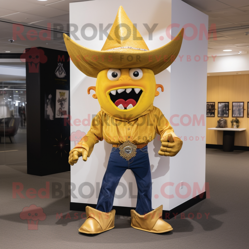 Gold Demon mascot costume character dressed with a Bootcut Jeans and Hat pins