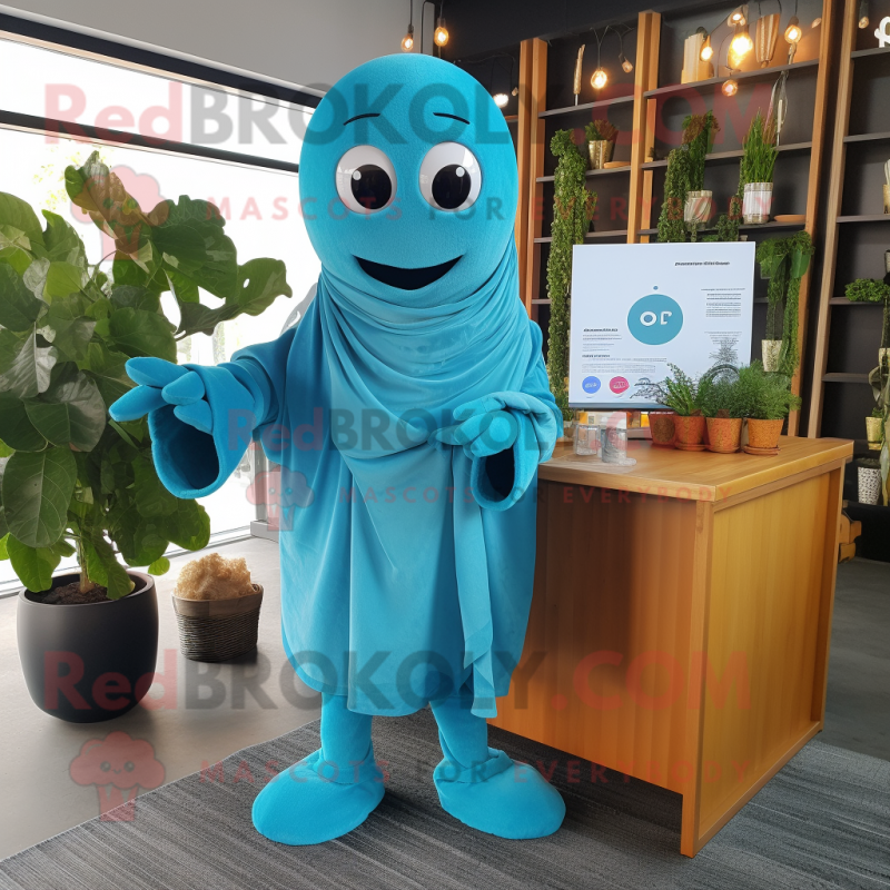 Cyan Scented Candle mascot costume character dressed with a Jumpsuit and Scarves