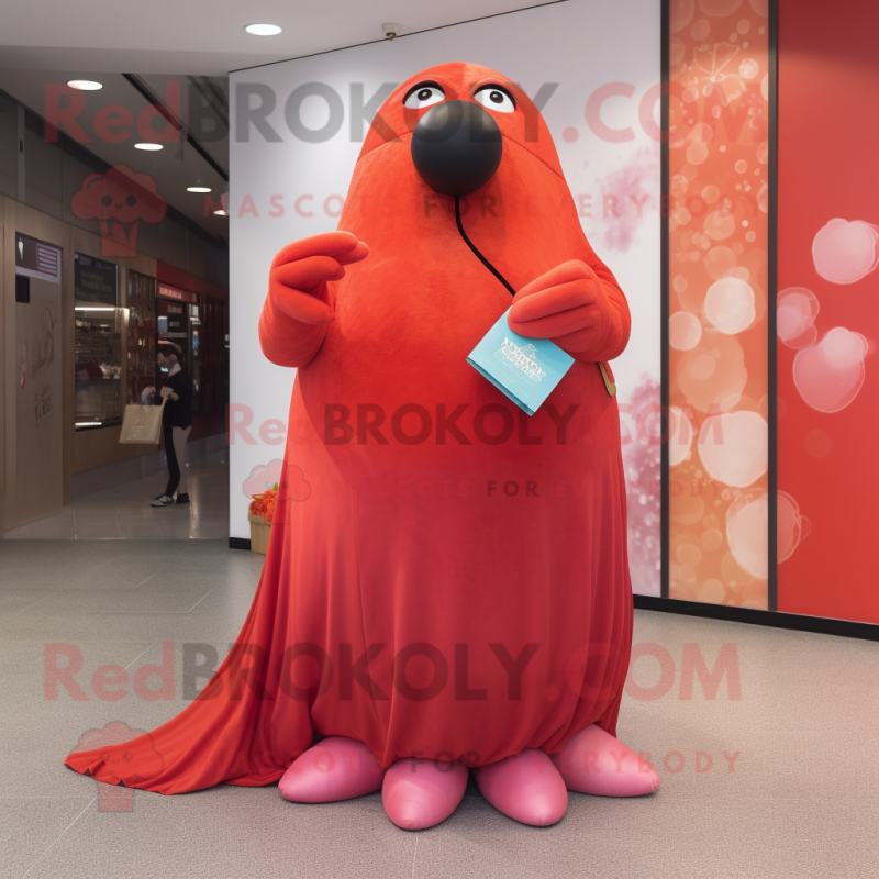 Red Walrus mascot costume character dressed with a Ball Gown and Clutch bags