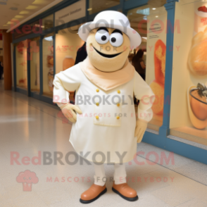 Cream Paella mascot costume character dressed with a Capri Pants and Cufflinks