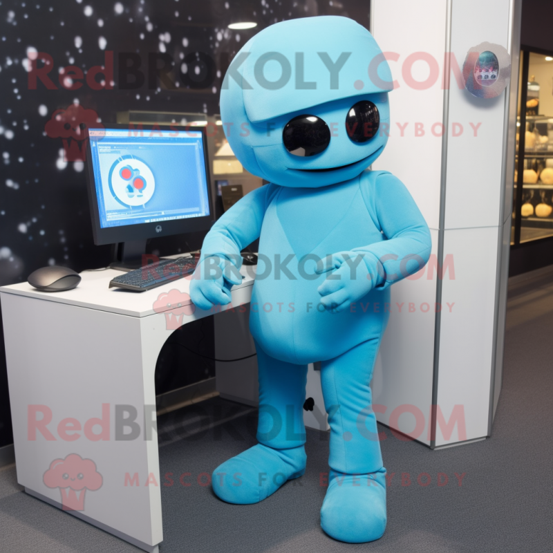 Sky Blue Computer mascot costume character dressed with a Suit and Gloves