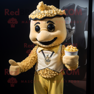 Gold Pop Corn mascot costume character dressed with a Rugby Shirt and Suspenders