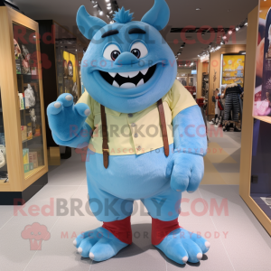 Sky Blue Ogre mascot costume character dressed with a Button-Up Shirt and Shoe laces