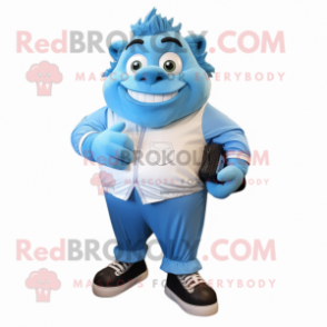 Sky Blue Ogre mascot costume character dressed with a Button-Up Shirt and Shoe laces