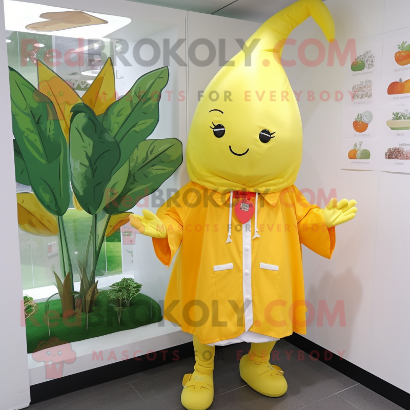 Lemon Yellow Carrot mascot costume character dressed with a Raincoat and Brooches