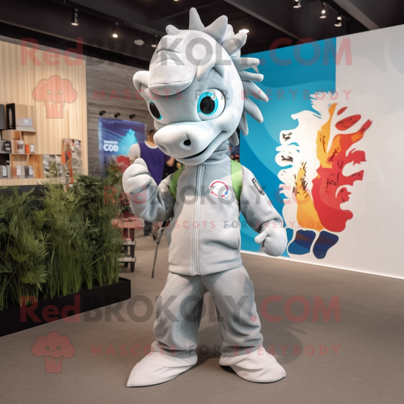 Gray Seahorse mascot costume character dressed with a Windbreaker and Headbands