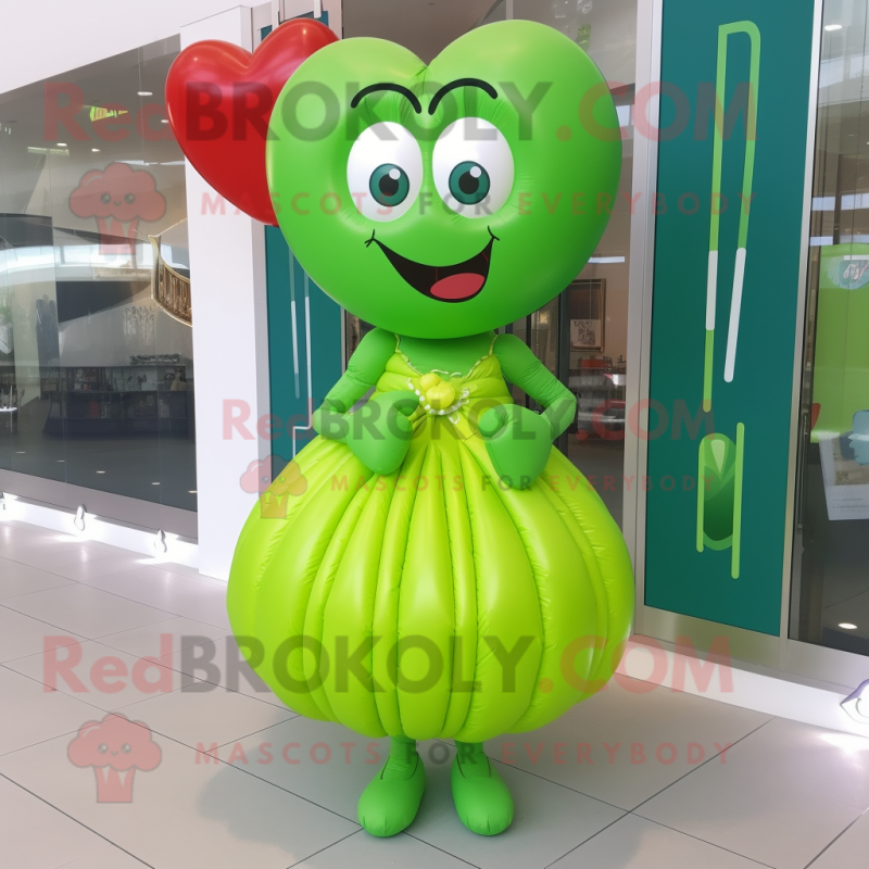 Lime Green Heart Shaped Balloons mascot costume character dressed with a A-Line Dress and Rings