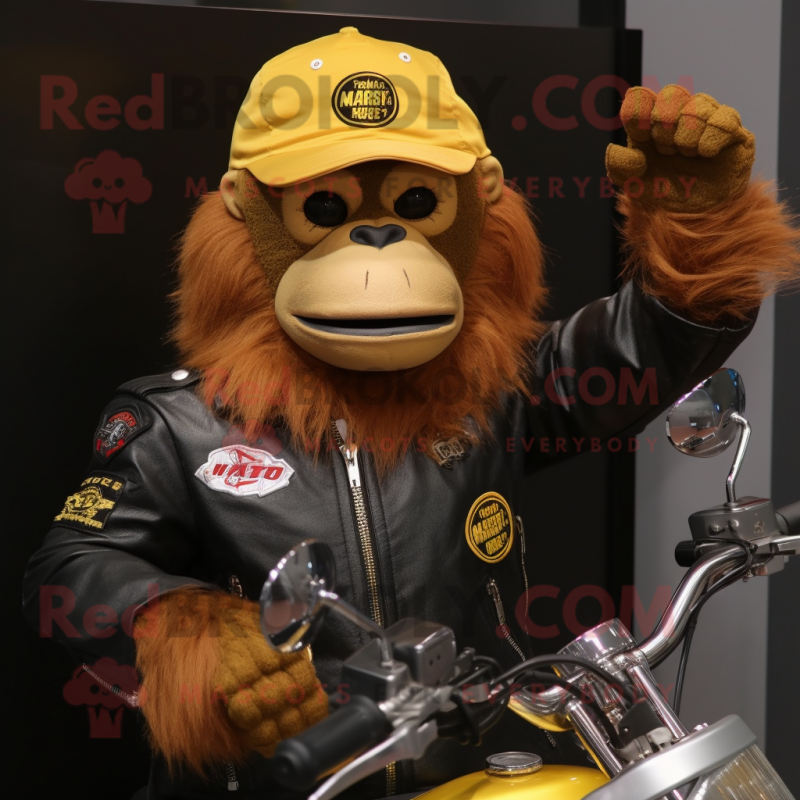 Gold Orangutan mascot costume character dressed with a Biker Jacket and Caps