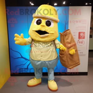 Yellow Fried Rice mascot costume character dressed with a Chambray Shirt and Wallets