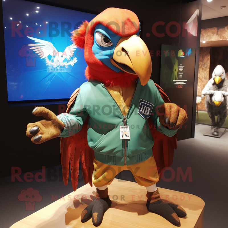 Rust Macaw mascot costume character dressed with a Bomber Jacket and Beanies