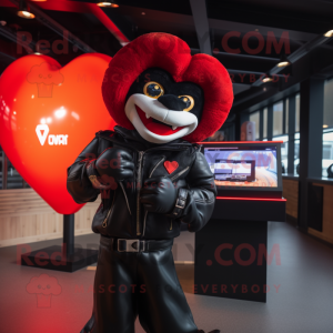Red Heart mascot costume character dressed with a Leather Jacket and Mittens