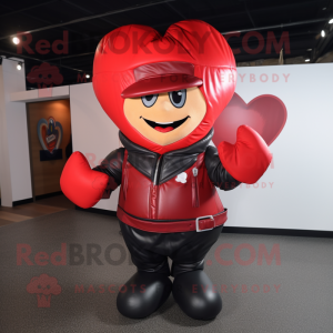 Red Heart mascot costume character dressed with a Leather Jacket and Mittens