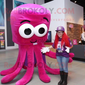 Magenta Squid mascot costume character dressed with a Boyfriend Jeans and Headbands