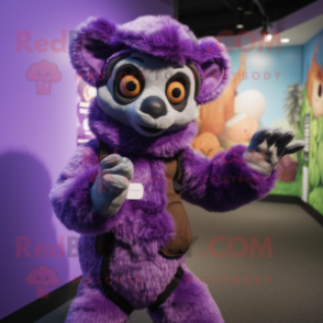 Purple Lemur mascot costume character dressed with a Romper and Gloves