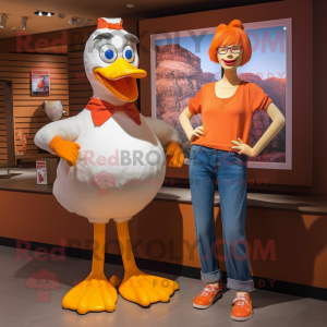 Orange Muscovy Duck mascot costume character dressed with a Mom Jeans and Hairpins