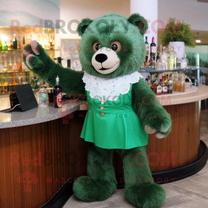 Forest Green Teddy Bear mascot costume character dressed with a Cocktail Dress and Watches