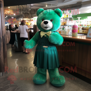 Forest Green Teddy Bear mascot costume character dressed with a Cocktail Dress and Watches