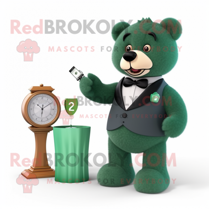 Forest Green Teddy Bear mascot costume character dressed with a Cocktail Dress and Watches