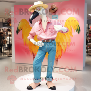 Cream Flamingo mascot costume character dressed with a Boyfriend Jeans and Cufflinks