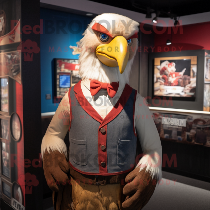 Red Bald Eagle mascot costume character dressed with a Waistcoat and Suspenders