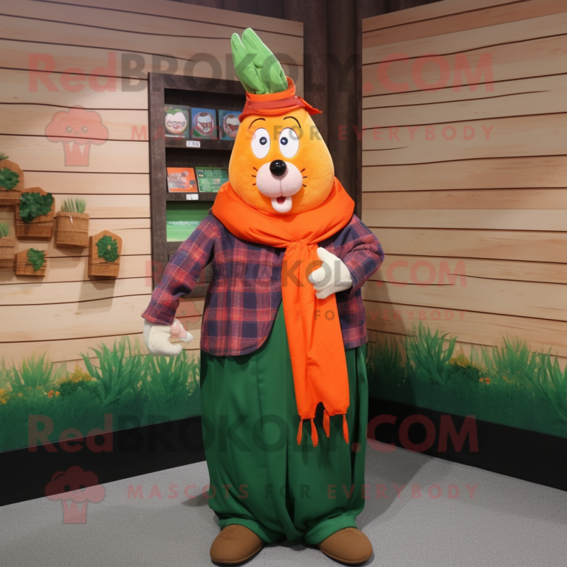nan Carrot mascot costume character dressed with a Flannel Shirt and Shawl pins