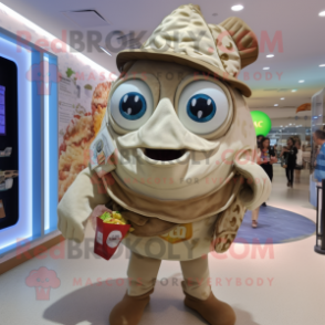 Beige Fish Tacos mascot costume character dressed with a Playsuit and Handbags