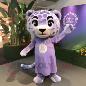 Lavender Jaguar mascot costume character dressed with a Wrap Dress and Keychains