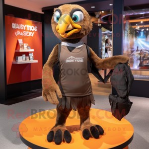 Brown Haast'S Eagle mascot costume character dressed with a Yoga Pants and Backpacks