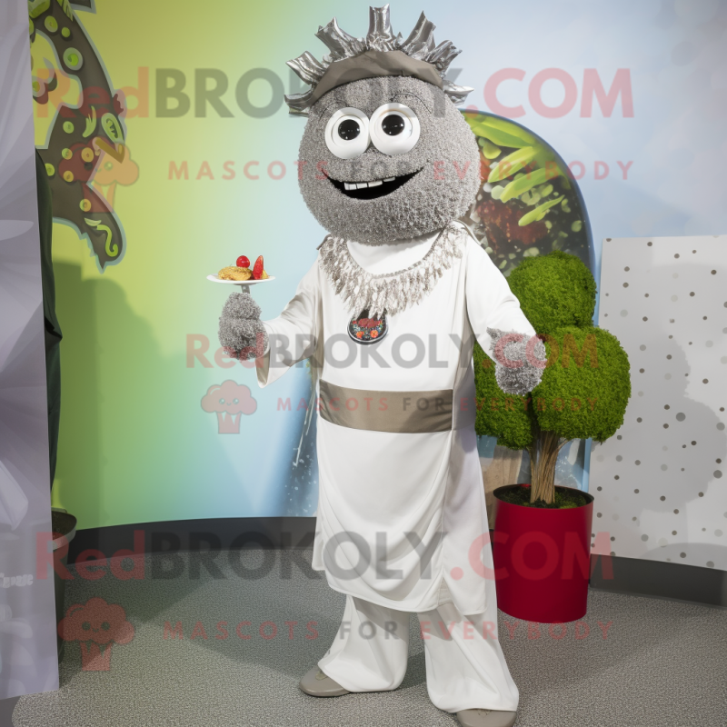 Silver Falafel mascot costume character dressed with a Chinos and Necklaces