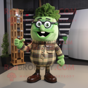 Green Grenade mascot costume character dressed with a Flannel Shirt and Eyeglasses