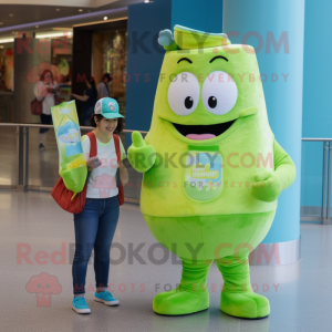 Lime Green Ice Cream mascot costume character dressed with a Mom Jeans and Backpacks