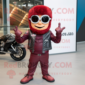 Maroon Lasagna mascot costume character dressed with a Biker Jacket and Hairpins