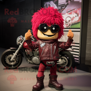 Maroon Lasagna mascot costume character dressed with a Biker Jacket and Hairpins