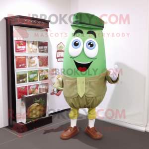 Olive Candy Box mascot costume character dressed with a Oxford Shirt and Shawl pins