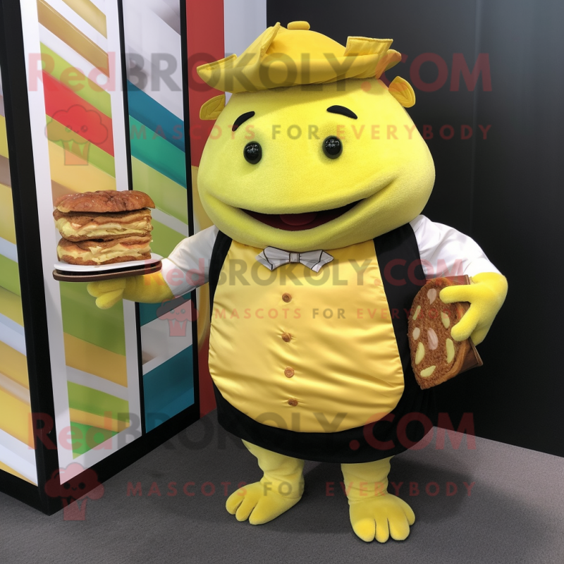 Lemon Yellow Pulled Pork Sandwich mascot costume character dressed with a Waistcoat and Clutch bags
