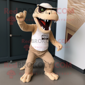 Beige Allosaurus mascot costume character dressed with a Bootcut Jeans and Eyeglasses